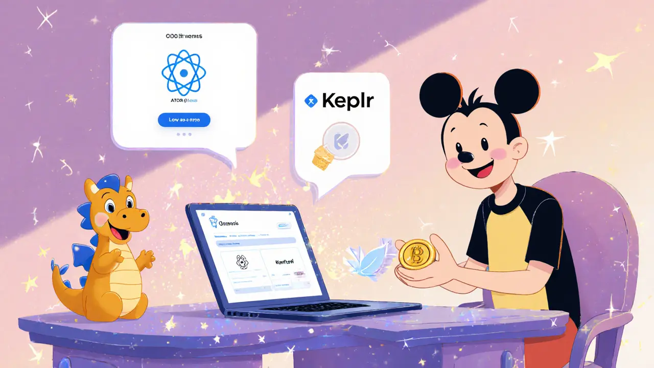 Animated character swapping ATOM for OSMO using a whimsical Keplr wallet interface.