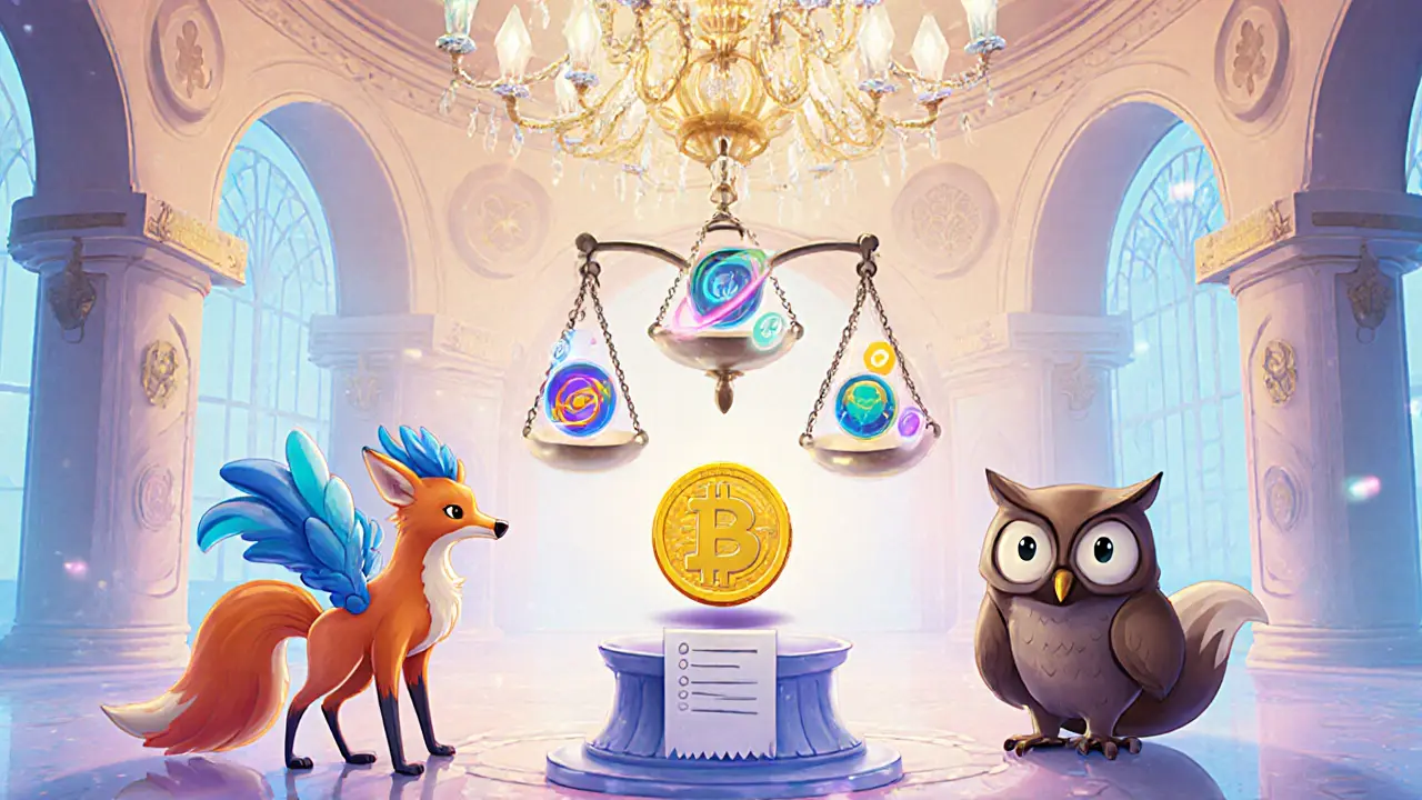 Cartoon governance hall with characters voting on a golden OSMO token.