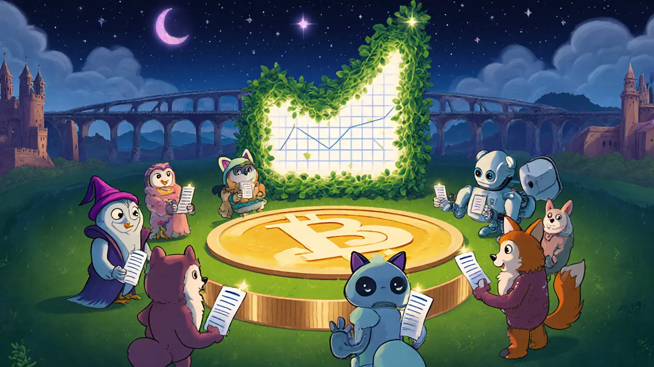 Community of cartoon characters voting at a token-shaped table with growth chart background.