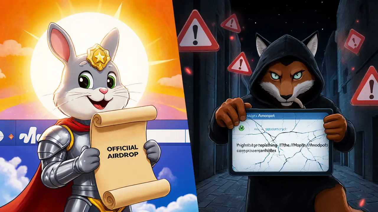 Disney-style comparison of a legit airdrop announcement versus a scam lure.