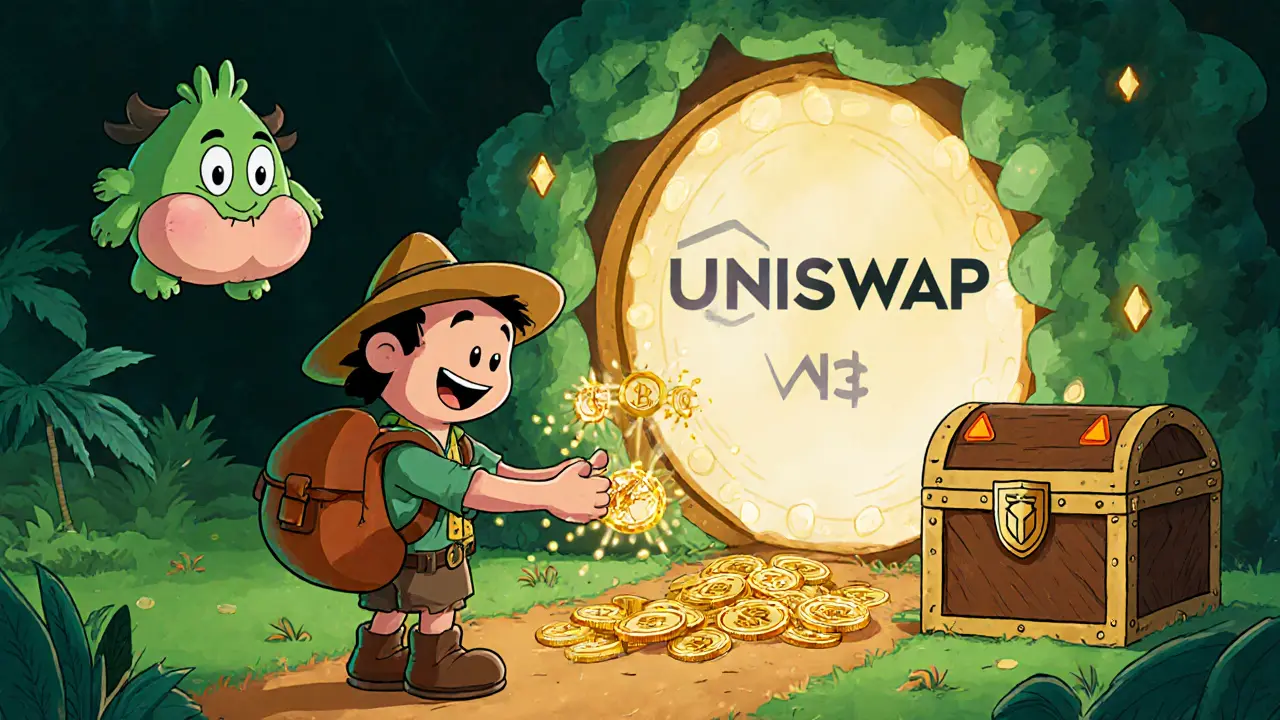 Explorer swapping ETH for BAI via Uniswap, guarded by a hardware wallet chest and gas fee monster.
