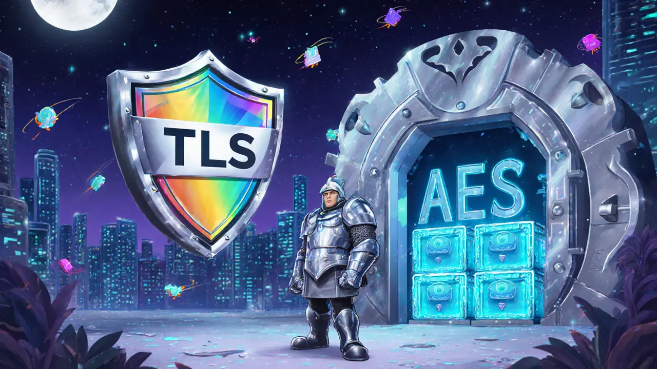 Futuristic vault with TLS shield, AES lock, and cold‑wallet crates guarded by a digital knight.