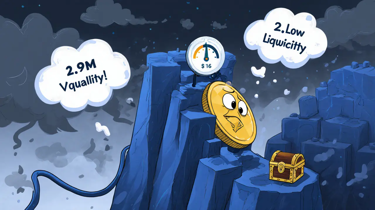 Sad BAI coin sliding down a steep price track with clouds of volatility and low liquidity.