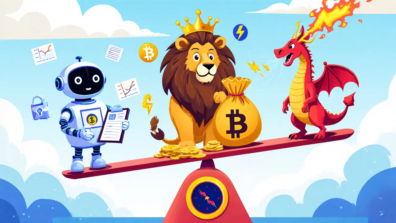 Three characters—AI robot, lion, dragon—on a scale comparing crypto exchanges.