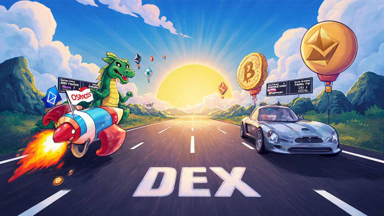 Whimsical race showing Osmosis rocket racing against other DEX mascots.