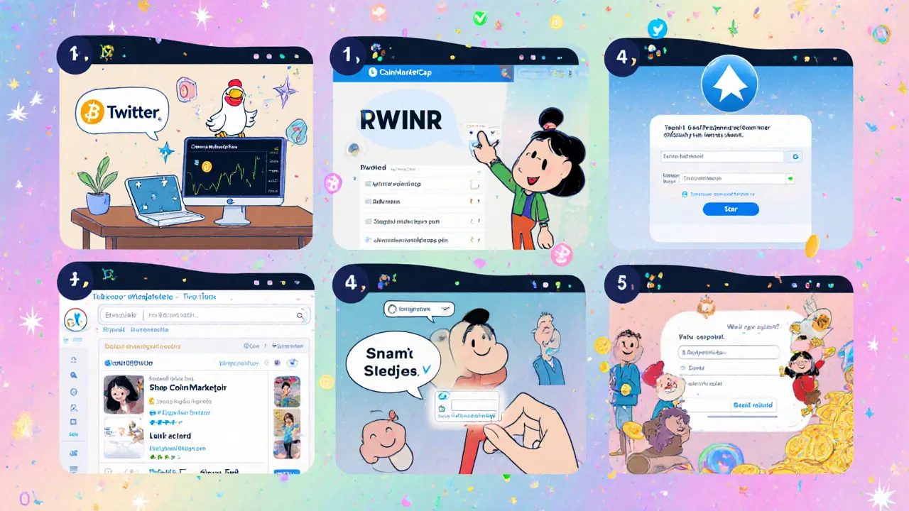 Cartoon montage shows steps: CoinMarketCap signup, adding WINR watchlist, Twitter retweet, Telegram start, wallet address entry.