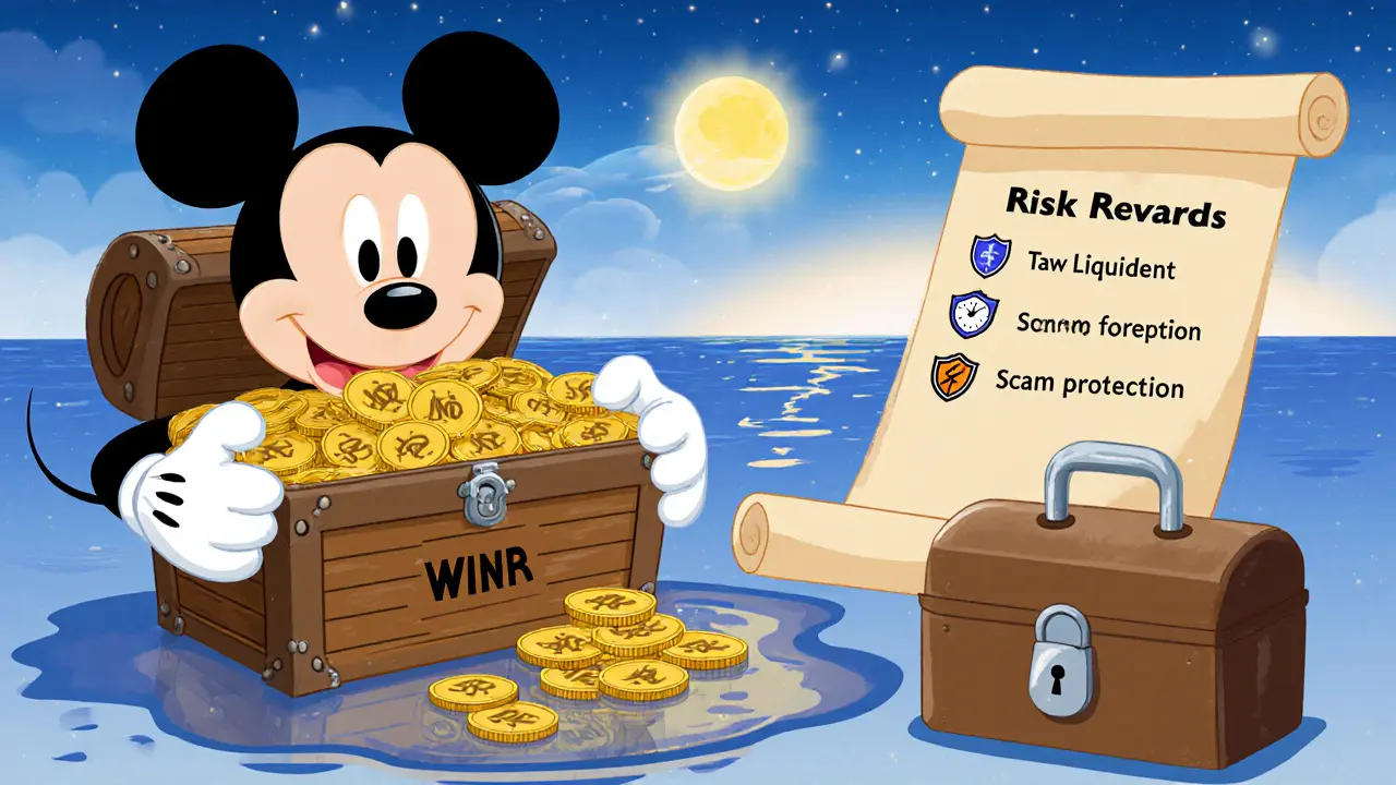 Character holds WINR token chest, with low‑liquidity puddle, tax and scam warnings, and hardware wallet guard.