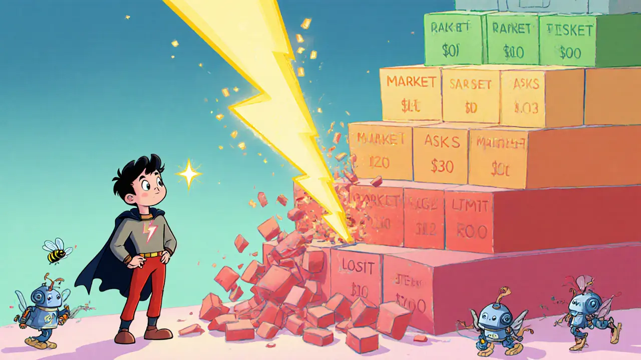 Order book ladder with a market order lightning bolt and steady limit order blocks.