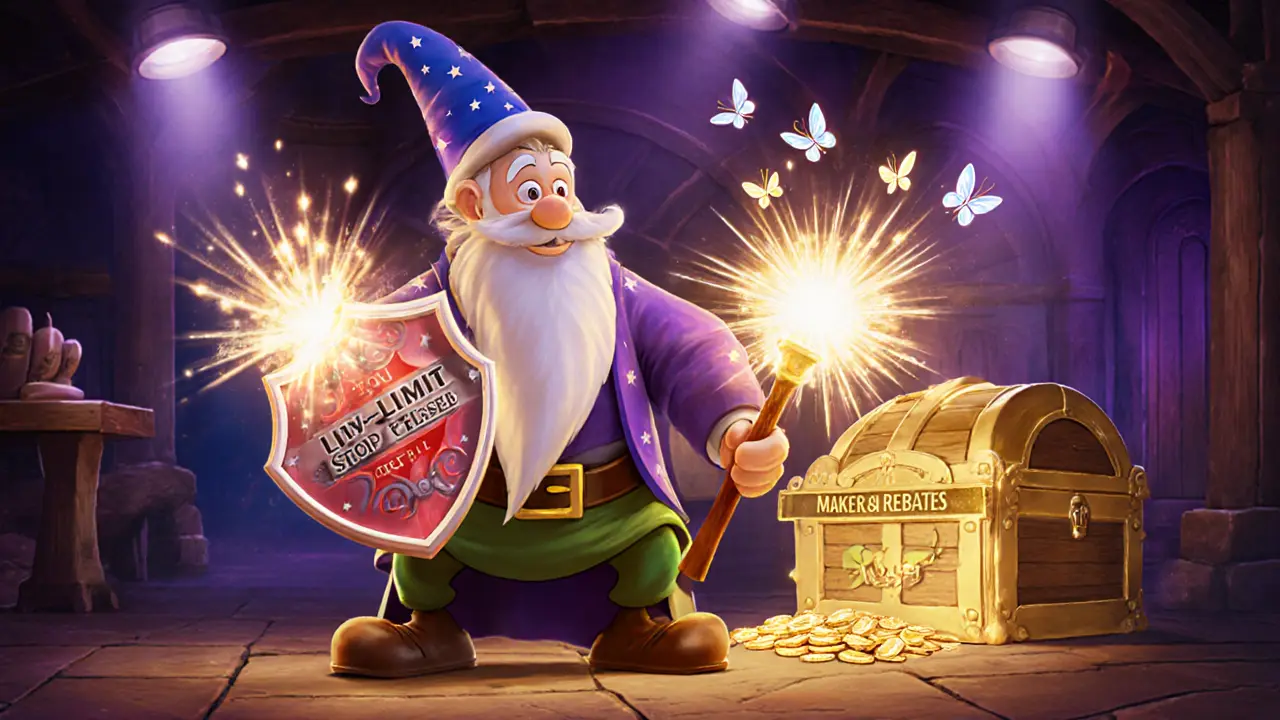 Wizard trader using stop‑limit and market‑if‑touched spells with a rebate treasure chest.