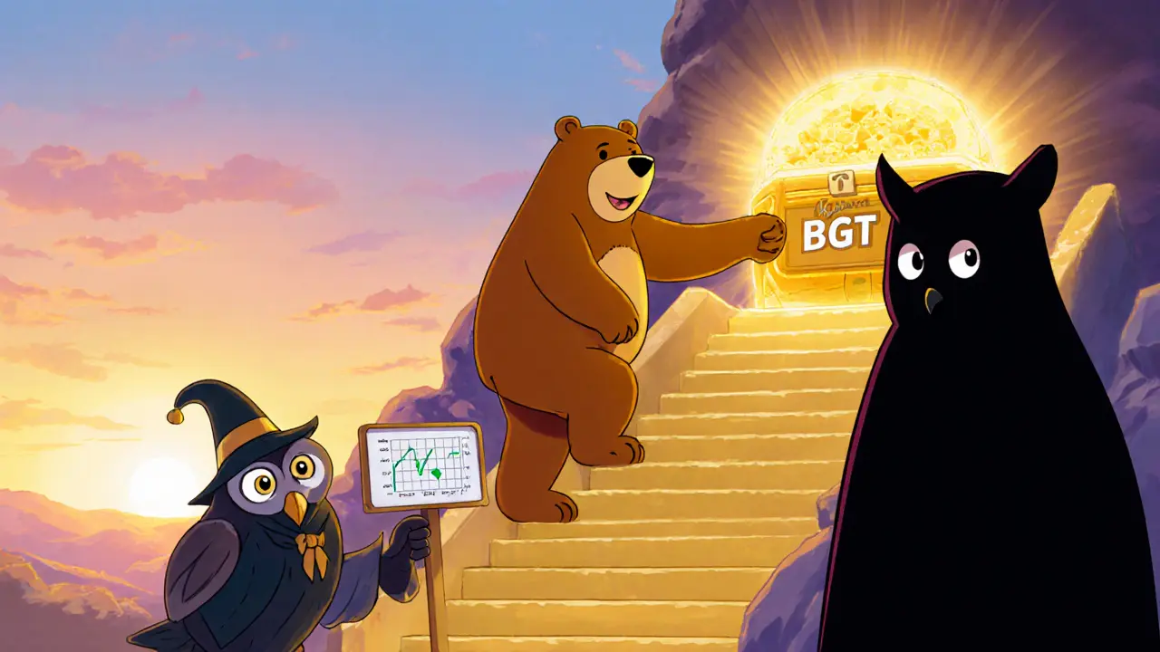 Bear climbs golden stairs to a BGT treasure chest while a shady figure lurks nearby.