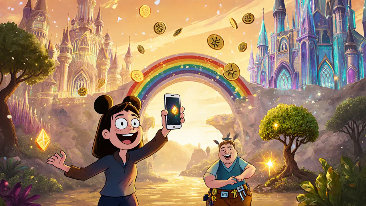 Disney cartoon of cBridge connecting two fantasy blockchain kingdoms with users and developers celebrating token transfers.