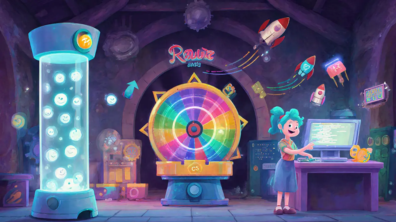 Disney illustration of cChannel, cRoute, and cOS as playful machines moving glowing spheres in a magical workshop.