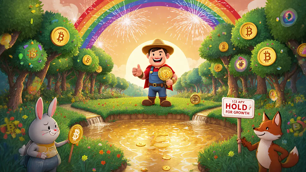 Hero in a vibrant token garden receiving a staking badge beside a sparkling liquidity pond.