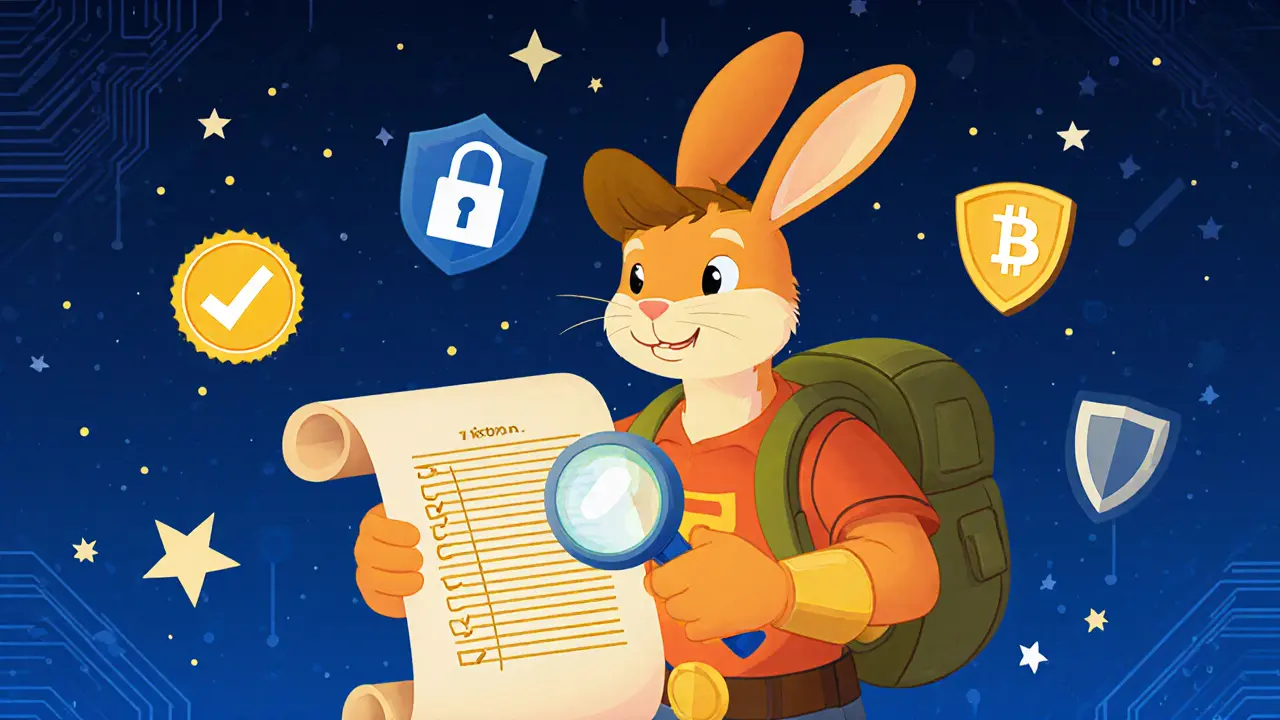 Hero rabbit examines a blockchain scroll with checklist icons for airdrop verification.