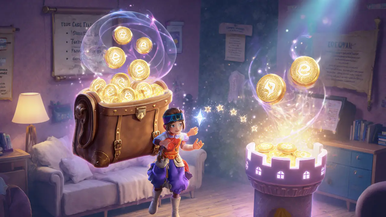 Hero swapping ETH for SPORT tokens and staking them in a magical portal.