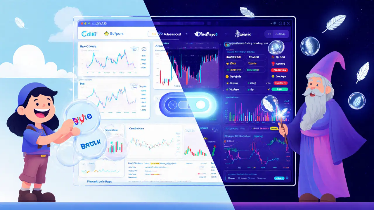 Split scene with a simple dashboard on the left and a detailed advanced chart view on the right, linked by a toggle.