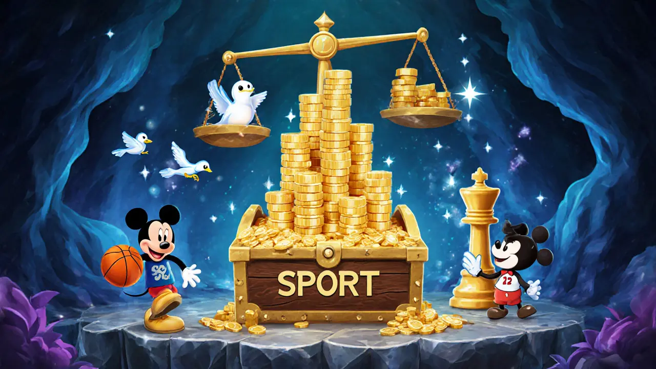 Treasure chest of SPORT tokens on a scale beside basketball and chess game characters.