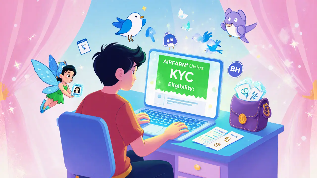 Youthful hero at a glowing laptop with KYC pixie and social‑proof birds showing eligibility.