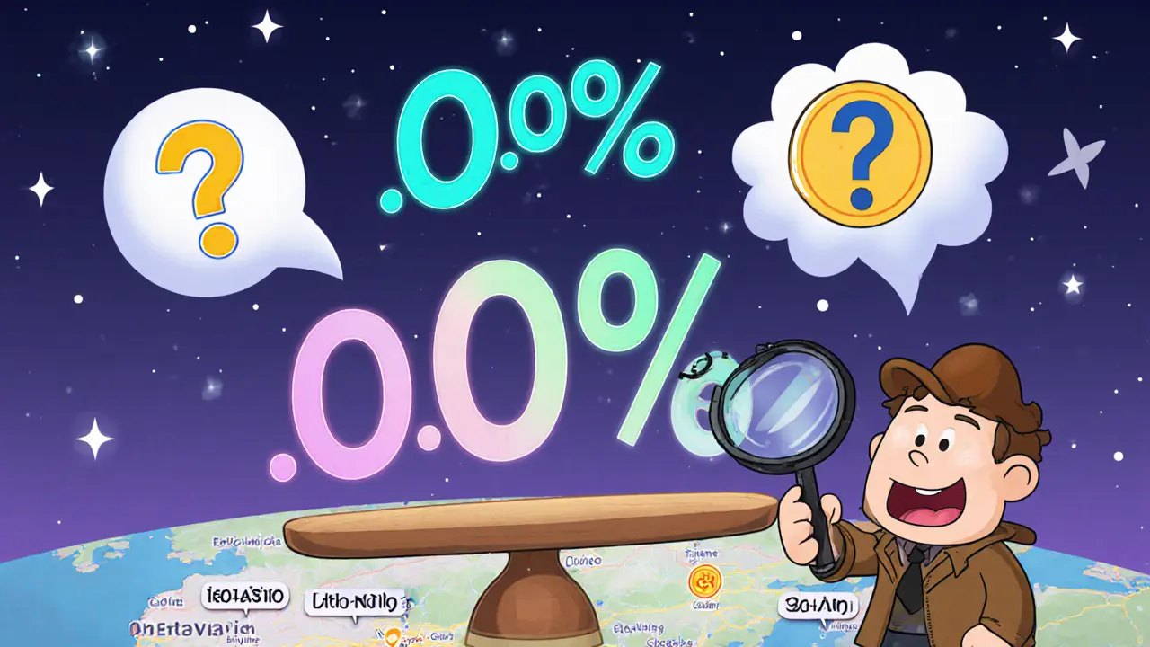 Animated balance scale with fee percentages, magnifying glass over Estonia and Slovakia map.