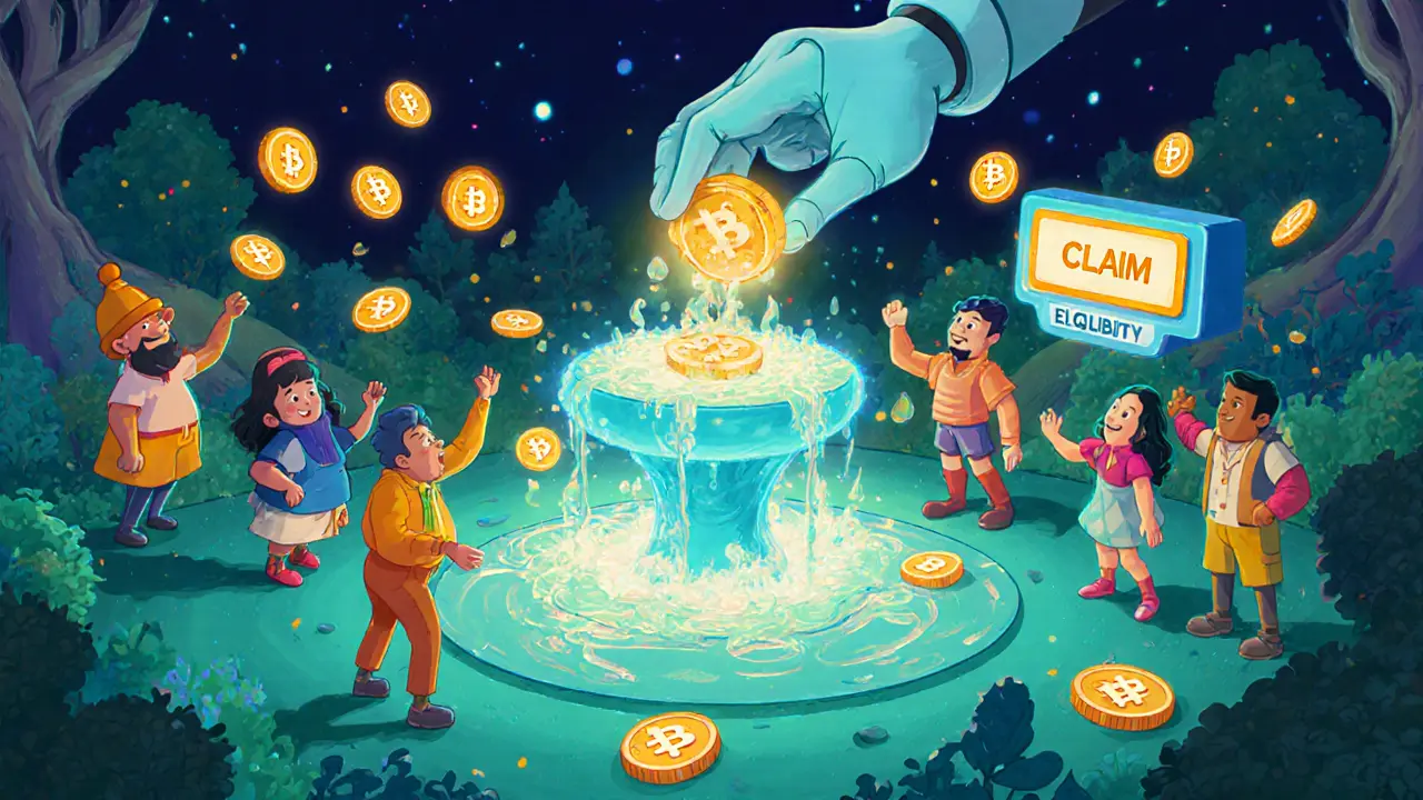 Cartoon users add liquid tokens to a magical Qubit fountain with floating BNB coins and a claim button.