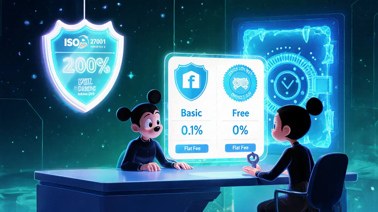 Characters compare fee plans while security shields and cold‑wallet glow behind them.