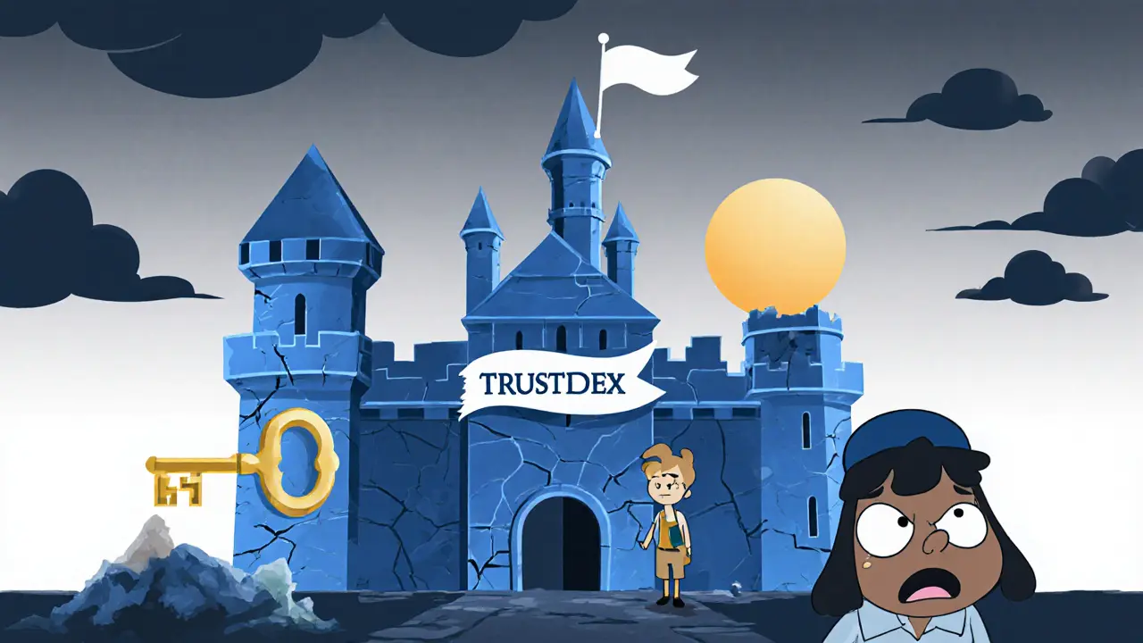 Disney‑style ruined Trustdex building with sad traders and a closed sign.