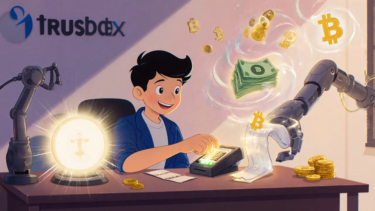 Disney‑style trader depositing fiat via glowing credit card and wire transfer.