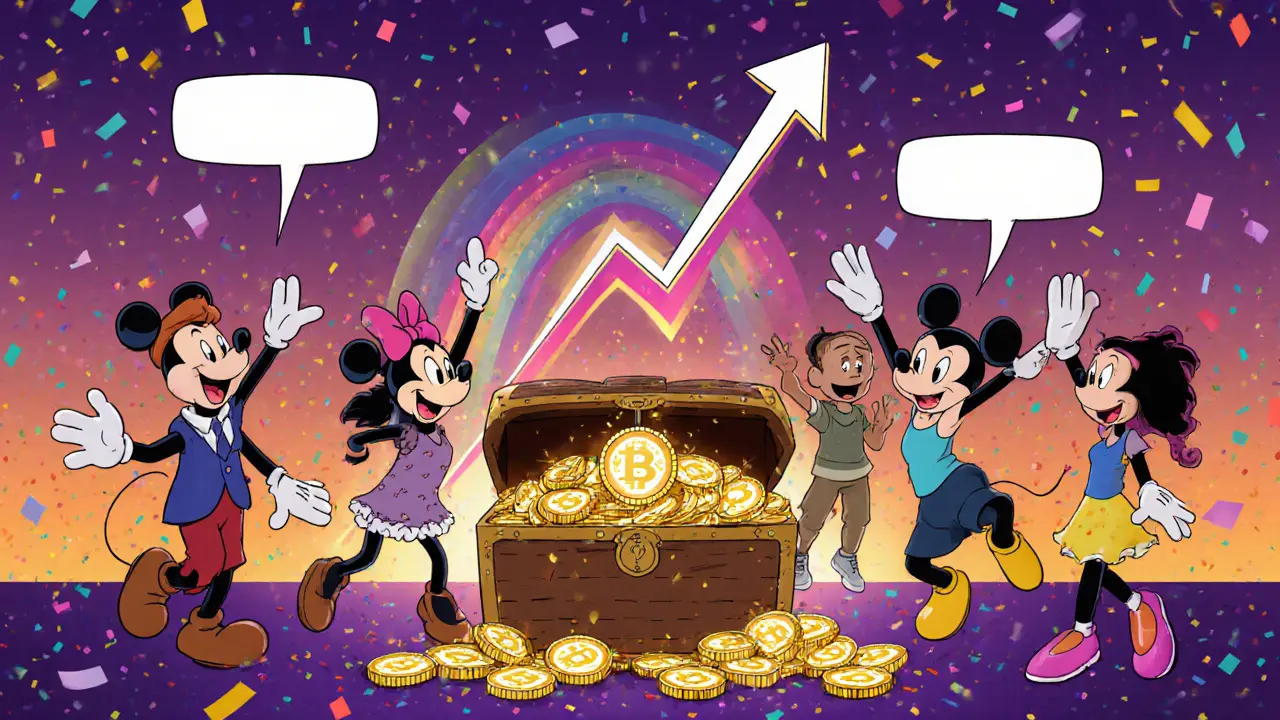 Joyful characters celebrate an airdrop, with sparkling tokens and a rising chart in a sunset scene.