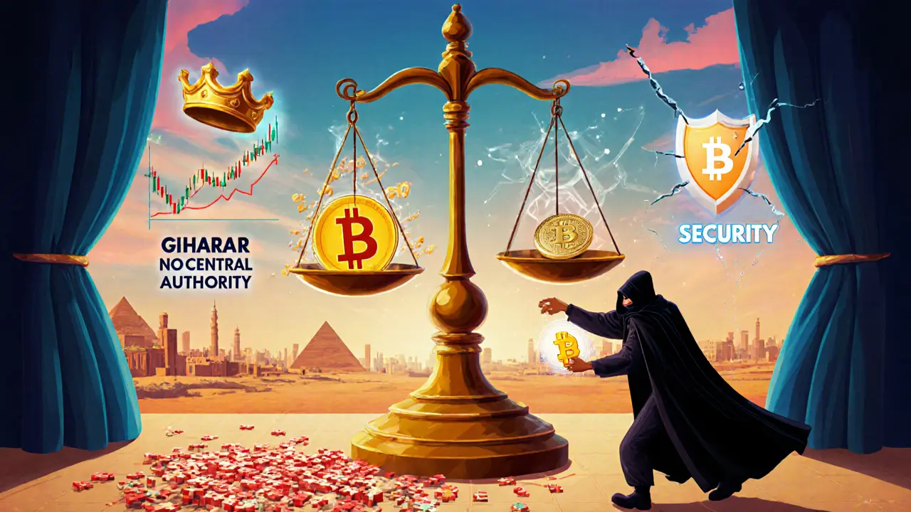 Scale of justice showing volatile Bitcoin price, crown without authority, and shady figure.