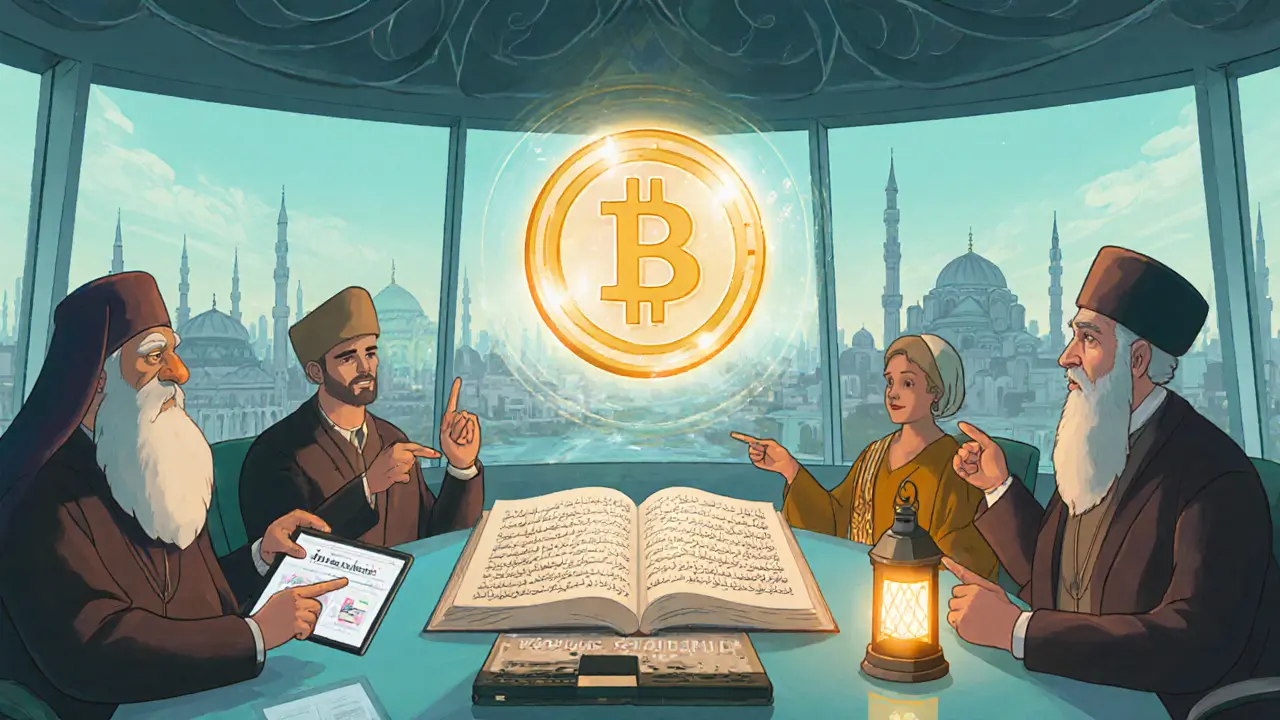 Scholars discussing a glowing crypto token in a futuristic hall with mosques and towers.