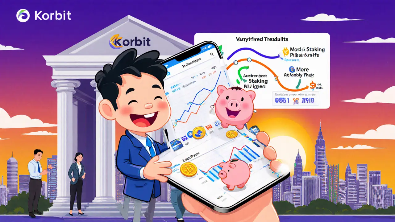 User on phone sees charts, piggy‑bank, and Korean bank backdrop in a hopeful Disney illustration.