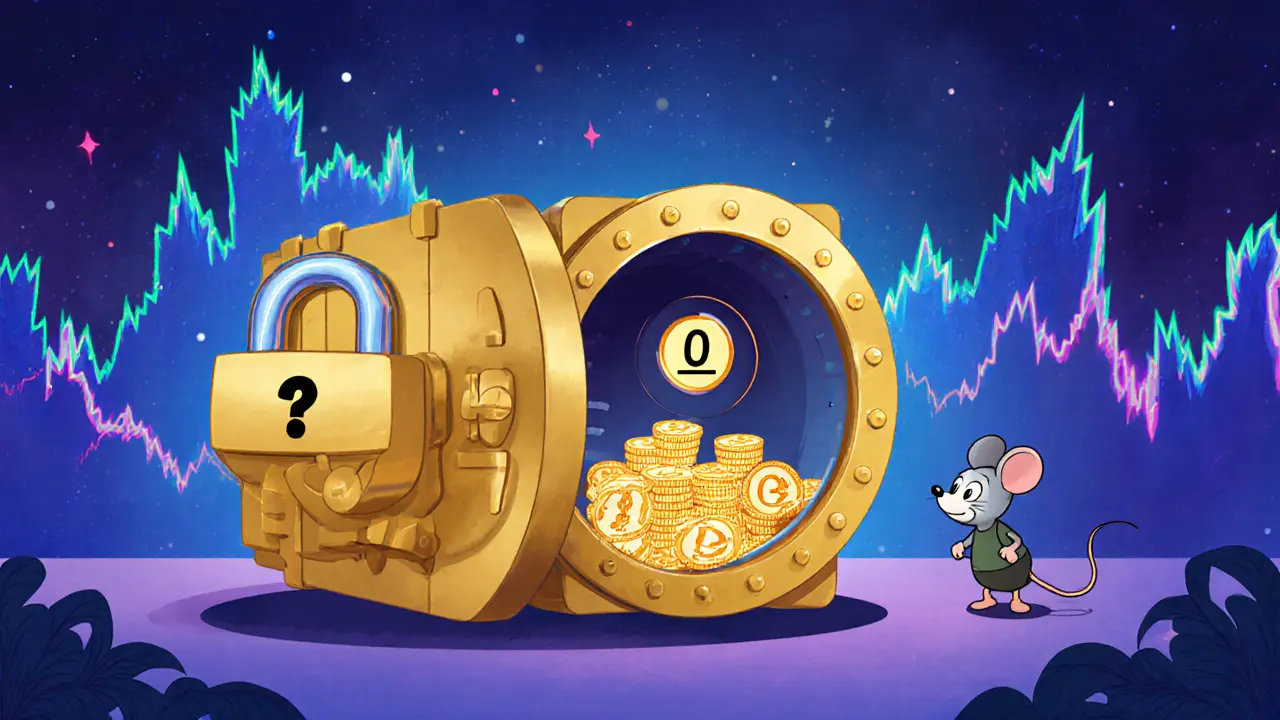 Vault filled with token coins and a zero sign, showing supply mystery and price swings.