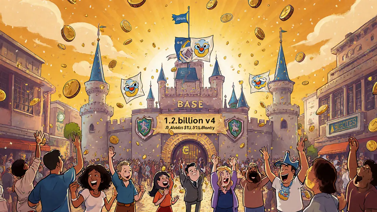 Disney market square celebrates Uniswap v4 on Base with happy traders and security shields.