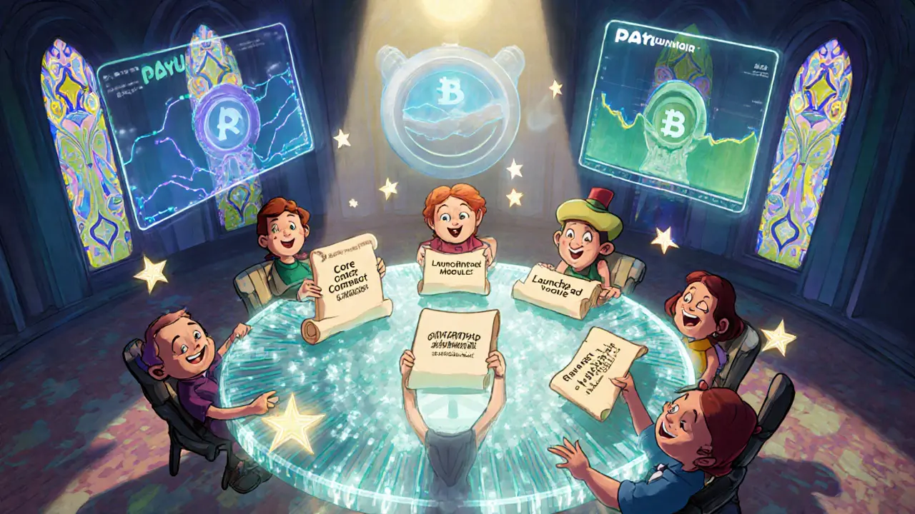 Disney‑style council hall where cartoon characters vote on glowing smart contracts.