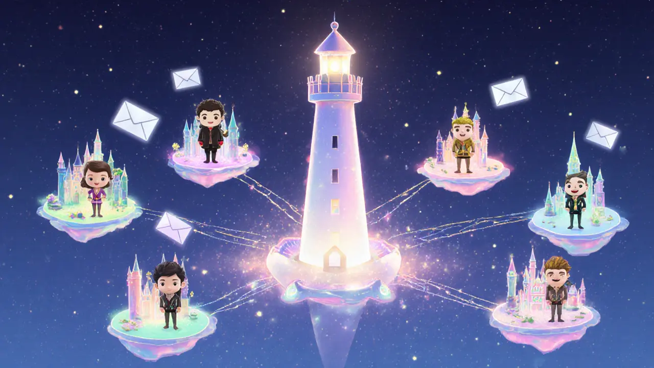 Disney‑style validators around a beacon tower sending sparkling messages between shard islands.