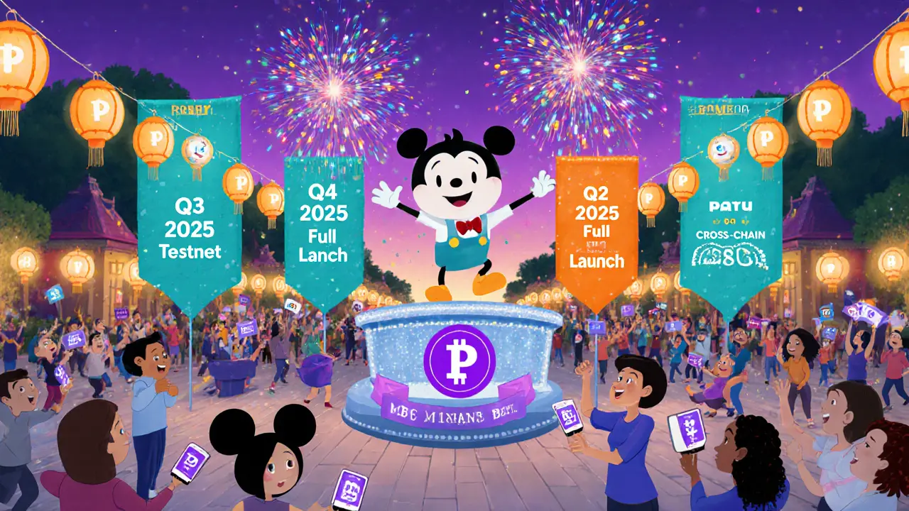 Festive celebration with PAYU mascot, fireworks, and milestone banners in a twilight plaza.