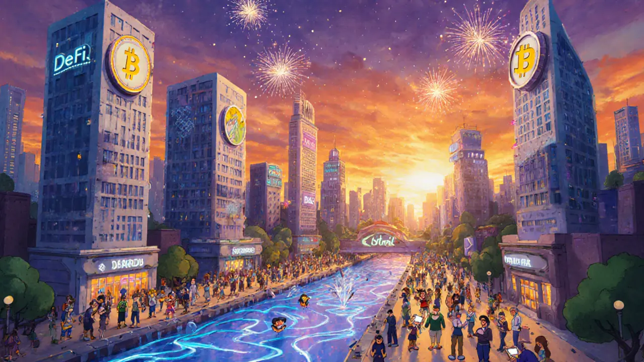 Futuristic Disney city showing specialized shard buildings and happy users with low fees.