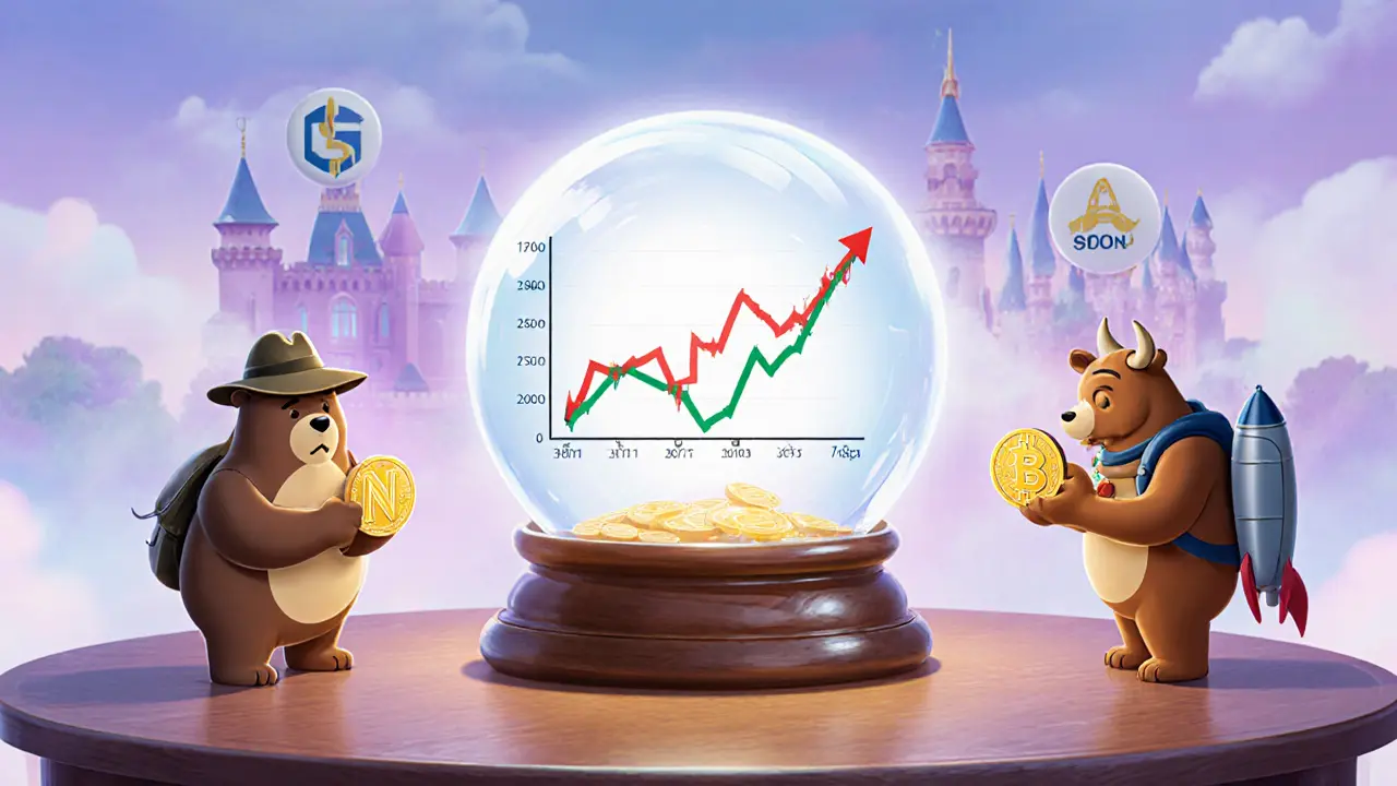 Crystal ball shows NIKO price chart with a bear and bull holding coins beside exchange icons.