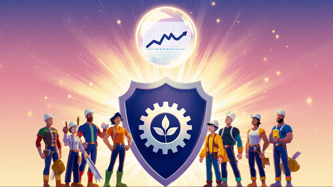 Diverse miner heroes guard a checkpoint shield and view a glowing crystal‑ball dashboard.