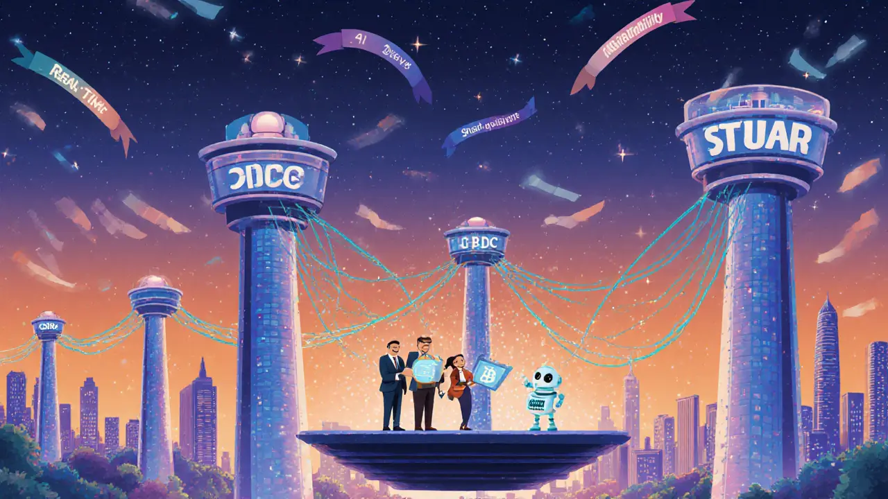 Future city with glowing bridges connecting Interoperability, AI contracts, and CBDC hubs.
