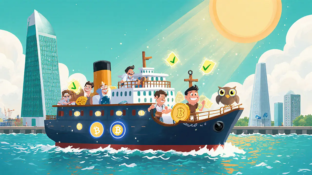 Port scene with tokenized cargo ship, merchants exchanging smart‑contract scrolls.