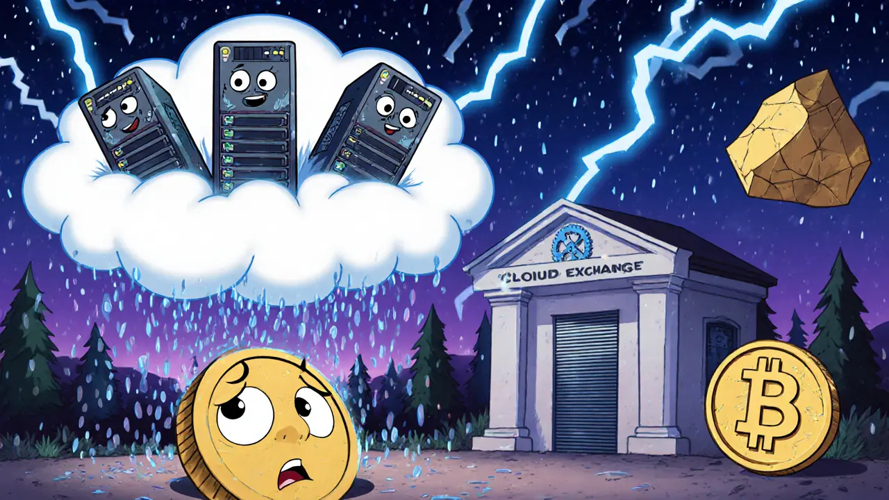 Small crypto village under storm of cartoon mining rigs and cloud, with distressed coin characters.