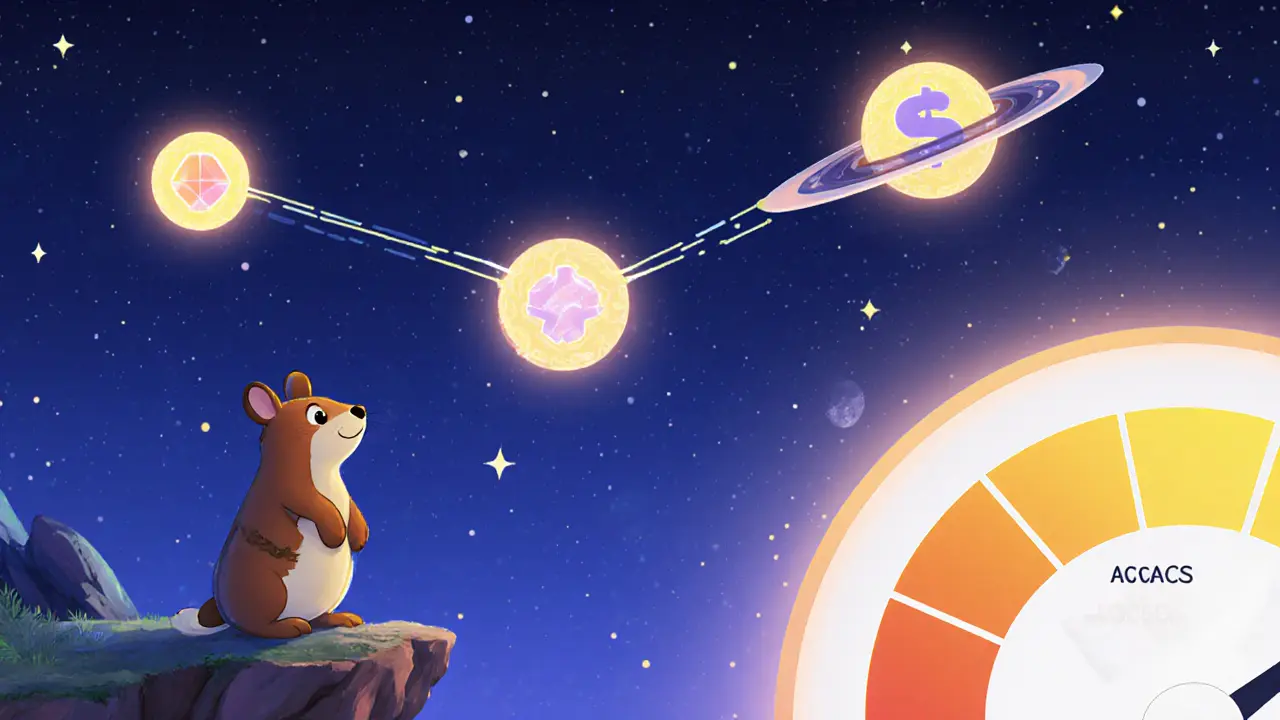 Wombat looking at future multichain planets connected by glowing bridges.