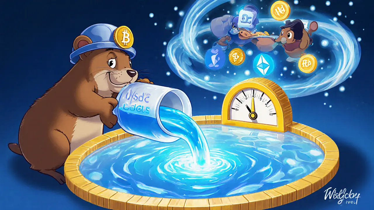 Wombat pouring USDC into a single‑sided pool with a Wormhole portal above.