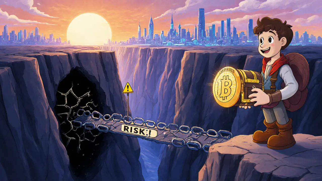 Adventurer holds a DSG token chest at a canyon of risks, sunrise in the distance.
