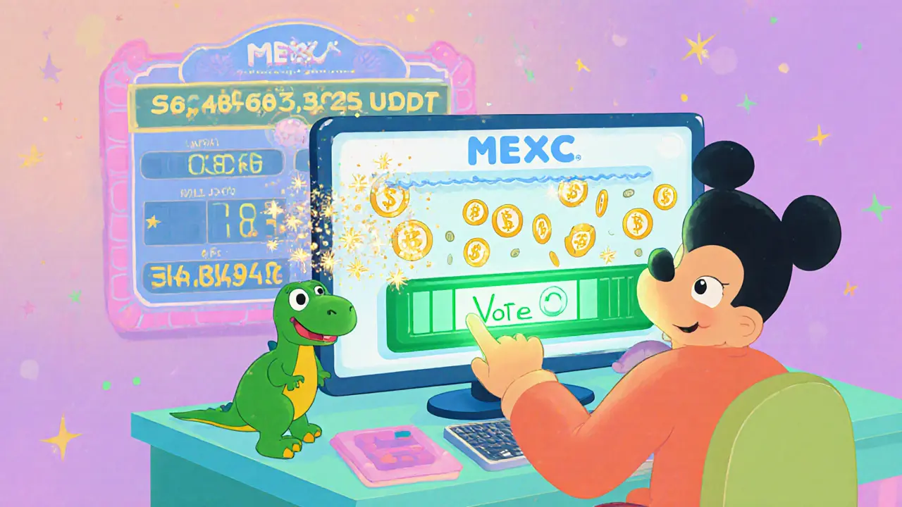 Animated character votes with USDT on MEXC screen, dinosaur mascot watches.
