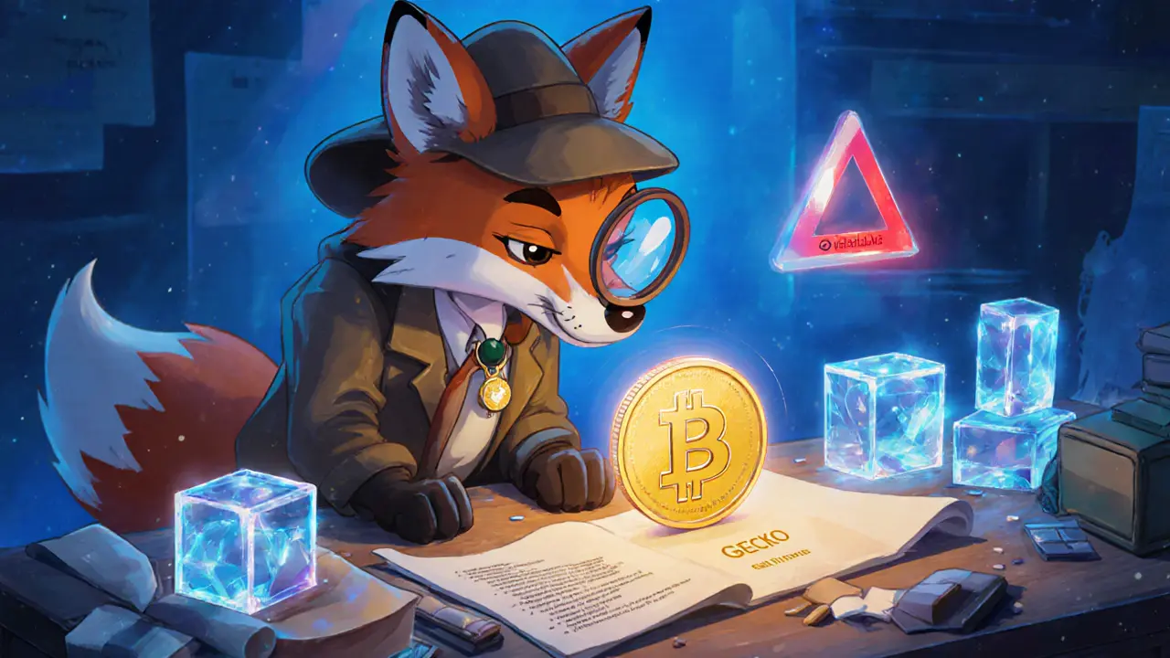 Detective fox examines a glowing token with red warning symbols for missing data.