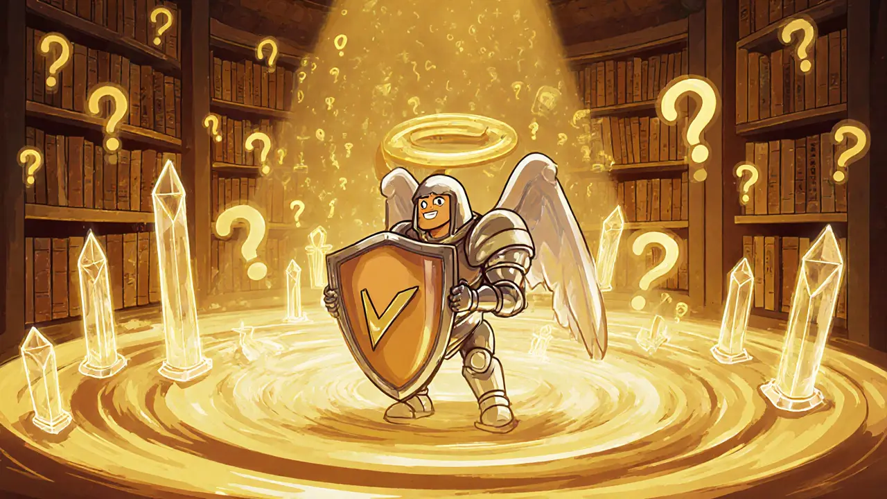 Guardian angel with a shield stands before swirling question marks, symbolizing caution.