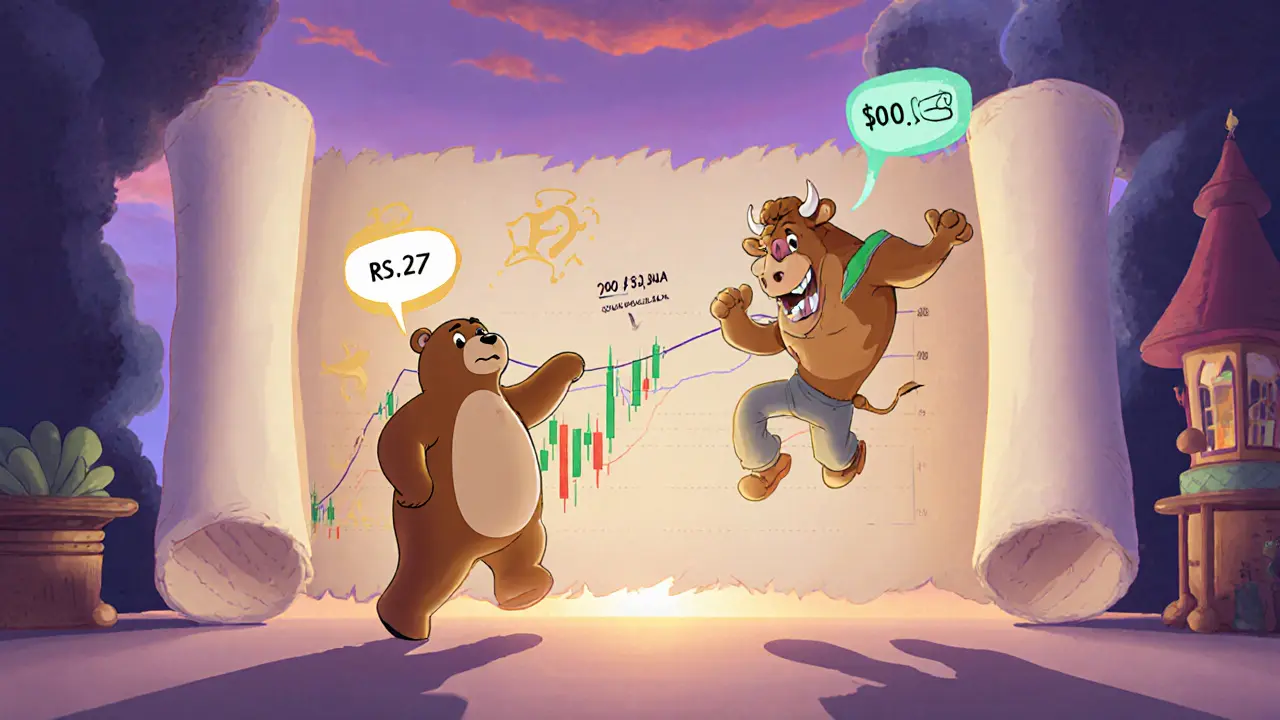 Animated bear and bull characters illustrate mixed technical signals for TURBOS.