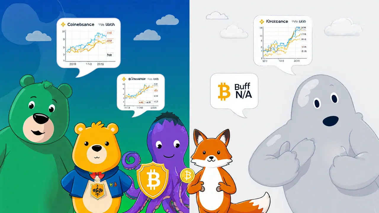Cartoon mascots compare Buff Network ghost to reputable Coinbase, Kraken, and Binance characters with charts.